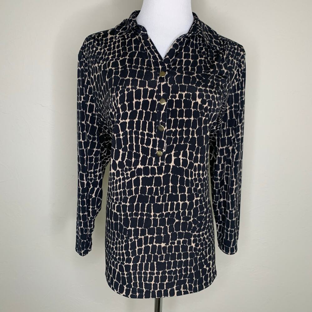 Dana Buchman Popover Blouse Sz XL Black Tan Pattern